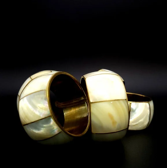 Vintage Brass Mother of Pearl Inlay Retro Dining Napkin Rings Set of 6 - Picture 3 of 6
